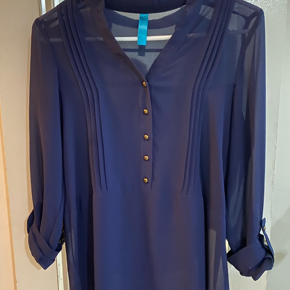 Size Small- Francesca’s sheer navy blue chiffon blouse with bronze buttons!